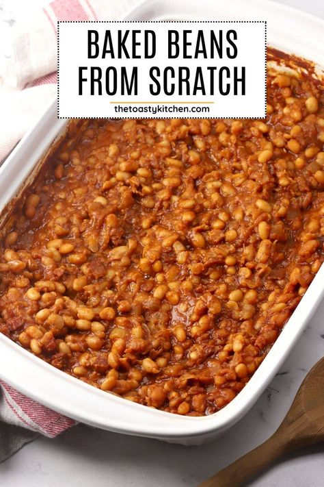 Baked beans from scratch by The Toasty Kitchen. Make baked beans from scratch for your next holiday dinner or family barbecue! Navy beans are simmered in a rich, sticky sauce made with molasses, brown sugar, and bacon. #bakedbeans #sidedish #bbq Barbeque Baked Beans, Homemade Baked Beans From Dry Beans, Five Bean Baked Beans, Baked Beans Recipe Crockpot From Scratch, Baked Beans On Stovetop, Thanksgiving Baked Beans, Baked Beans With Beef, Baked Beans With Pork And Beans, Texas Baked Beans