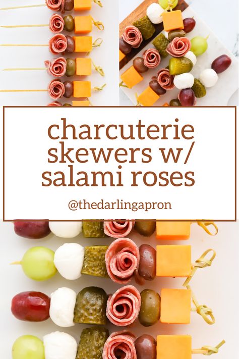 Photos of assembling and finished charcuterie skewers on a white platter. Individual Charcuterie Sticks, Skewer Charcuterie, Salami Rose And Mozzarella Skewers, Mini Charcuterie Skewers, Salami Flowers Charcuterie, Appetizers On Skewers Party Snacks, Charcuterie Tooth Picks, Toothpick Charcuterie, Charcuterie Screwers