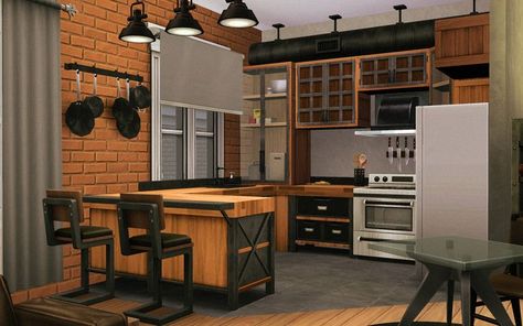 Industrial style apartment kitchen in The Sims 4 Industrial Apartment Kitchen, Industrial Tiny House, Sims 4 Industrial, Industrial Style Apartment, Cc The Sims 4, Sims 4 Kitchen, Style Apartment, Industrial Apartment, Industrial Style Kitchen