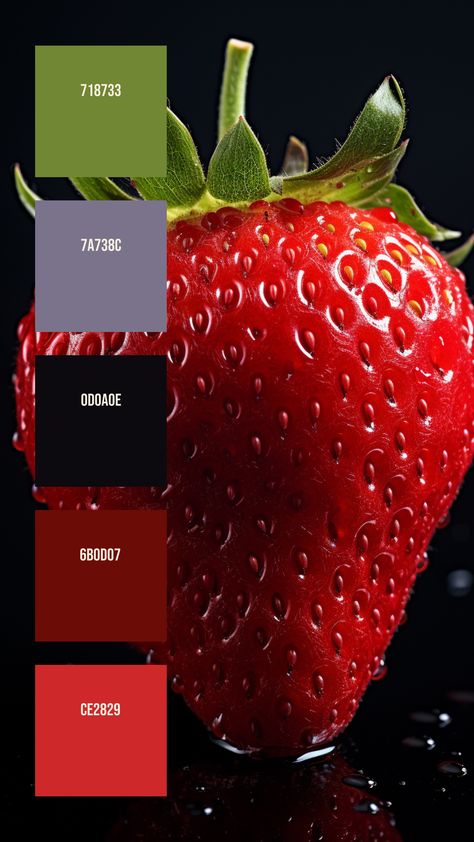 Colors:
718733
7A738C
0D0A0E
6B0D07
CE2829 Red Combination Colour, Hex Color Palette, Outfits Girl, Color Vibe, Model Paint, Juicy Fruit, Red Strawberry, Hex Colors, Water Droplets