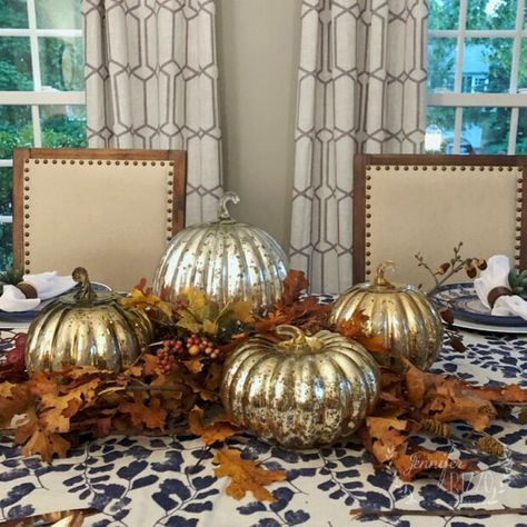 Glass Pumpkin Decor, Mercury Glass Pumpkins, Autumn Table Settings, Fall Table Ideas, Pumpkin Tablescape, Inexpensive Centerpieces, Vintage Bottles Antiques, Low Budget Decorating, Fall Apartment