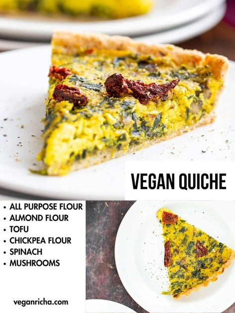 This easy Vegan Quiche Recipe features an almond flour pastry and cheesy, savory tofu filling with sauteed mushrooms, leeks, sun-dried tomatoes and spinach! Perfect for brunch! Gluten-free option. Oil-free option Pastry Savory, Recipe With Mushrooms, Quiche Vegan, Best Vegan Breakfast, Vegan Quiche, Vegan Richa, Spinach Quiche, Vegan Brunch, Quiche Recipe