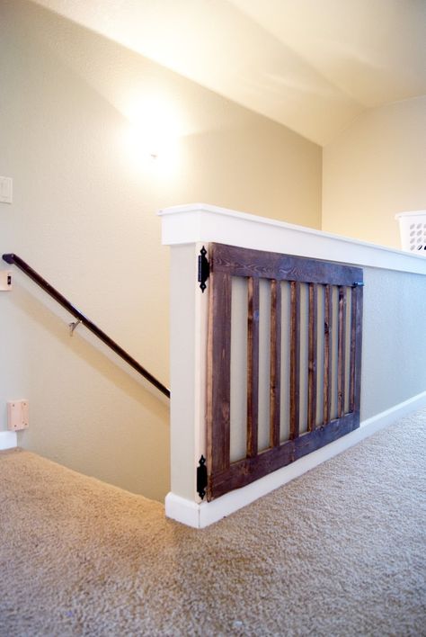 Custom Baby/Dog Gate DIY Baby Gate stained in Minwax Dark Walnut Custom Baby Gates, Barn Door Baby Gate, Diy Dog Gate, Perlengkapan Bayi Diy, Baby Gate For Stairs, Diy Baby Gate, Minwax Dark Walnut, Koti Diy, Green Hallway