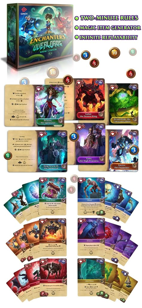 Enchanters: Overlords by Gindie - LudiBooster — Kickstarter Card Game Design, Pnp Games, Kickstarter Design, Board Game Room, Fantasy Board Games, Trading Card Ideas, Game Card Design, Cards Game, Board Game Design