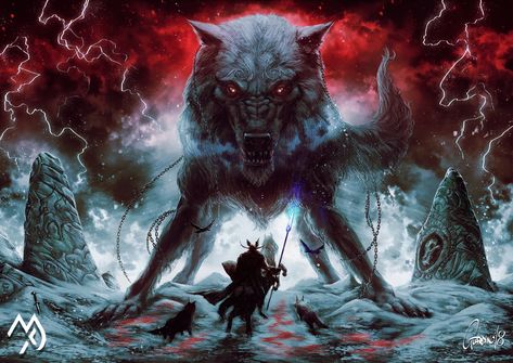 fantasy art #creature #artwork #Odin #Sleipnir #Fenrir #wolf #1080P #wallpaper #hdwallpaper #desktop Fenrir Tattoo, Arte Viking, Art Viking, Mystical Wolf, Norse Myth, Werewolf Art, Creature Artwork, Wolf Wallpaper, Old Norse