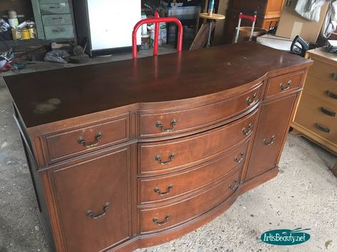 before vintage bow front buffet makeover Buffet Redo Ideas, Mahogany Buffet Makeover, Bow Front Dresser Makeover, Buffet Makeover Before After, Refurbished Buffet Cabinet, Old Buffet Makeover Ideas, Refinished Buffet Sideboard, Buffet Makeover Diy, Painted Buffet Ideas