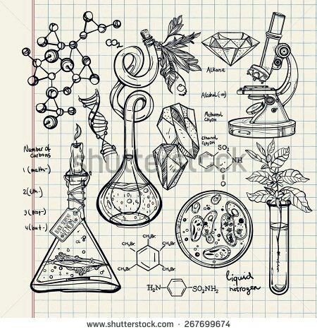 Alchemy Chemistry, Lab Illustration, Vintage Chemistry, Tattoo Elements, Color Sketches, School Doodle, Biology Lab, Science Tattoo, Science Doodles