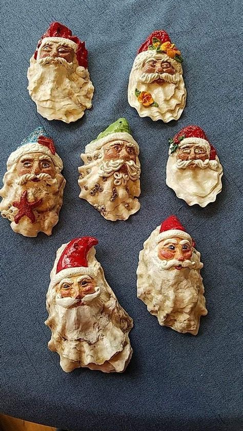 Oyster Shell Santas Diy, Ideas For Oyster Shells, Diy Sea Shells Ideas, She’ll Angel Ornaments, Decorating Oyster Shells Diy, Oyster Shell Santa Ornaments Diy, Uses For Oyster Shells, Slipper Shell Crafts, Crafts With Oyster Shells Diy