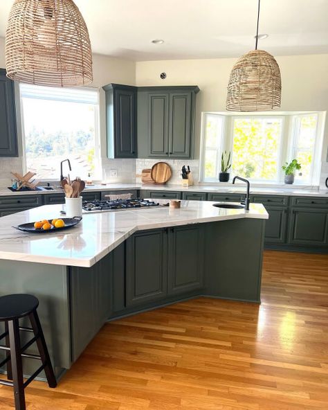 Green Coffee Bar, Sherwin Williams Pewter Green, Homburg Gray, Sherwin Williams Green, Green Kitchen Island, Pewter Green, Kitchen Cabinet Inspiration, Kitchen Cabinet Color Ideas, Sage Green Kitchen