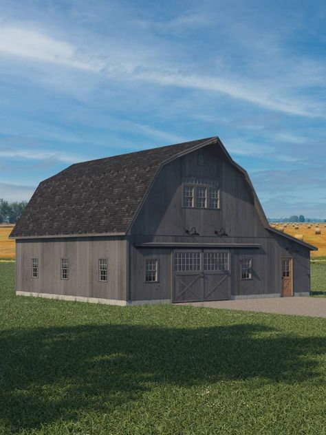 Gambrel Roof House Plans, Gambrel Barndominium, Barn Roof Styles, Gambrel Barn House, Gambrel Roof Trusses, Barn With Loft, Gambrel House, Barn Style Garage, Prefab Barns