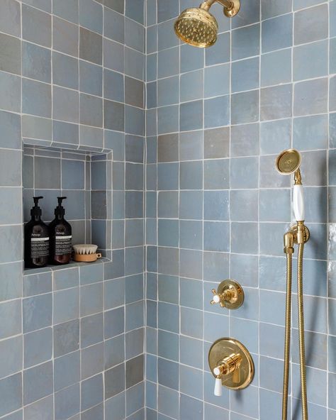 Zia Tile on Instagram: “Soft but never subtle — our Skylight 4x4 zellige is the perfect pastel blue, with darker notes that peek through from the clay body…” Blue Tile Bathroom Vintage, Blue Tile Bathroom, Craftsman Remodel, Dining Room Layout, Zia Tile, Freestanding Tubs, Starter House, Old Bathroom, Blue Tile