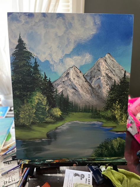 Cute Paintings Nature, Painting Ideas On Canvas Outdoors, Acrylic Painting Nature Landscapes, Classic Nature Painting, Mountains Painting Simple, Simple Acrylic Paintings Mountains, Easy Forest Painting, Acrylic Mountain Painting, Simple Mountain Painting Acrylic