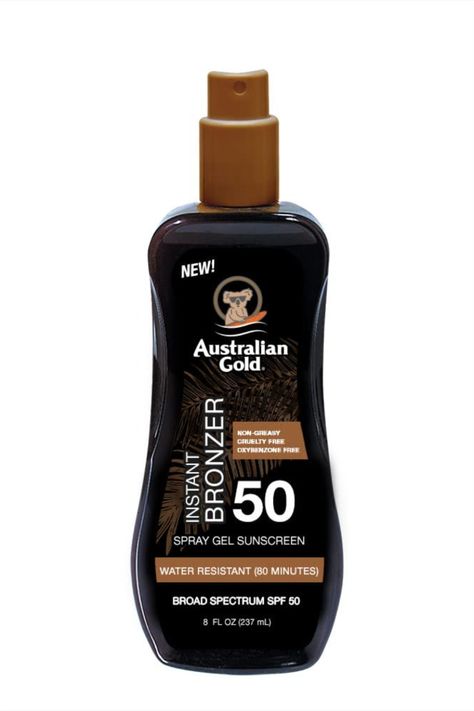 SPF 50 SUNSCREEN SPRAY GEL with Sunflower Seed Oil, Olive Fruit Oil & Aloe Vera is designed to provide ultimate hydration that deeply moisturizes the skin, and the Caramel Bronzer imparts a faux sun-kissed golden glow for an instant tinted look. Spf Spray, Tan Accelerator, Safe Tanning, Australian Tea Tree, Gel Sunscreen, Logo Quiz, Australian Gold, Gold Spray, Golden Glow