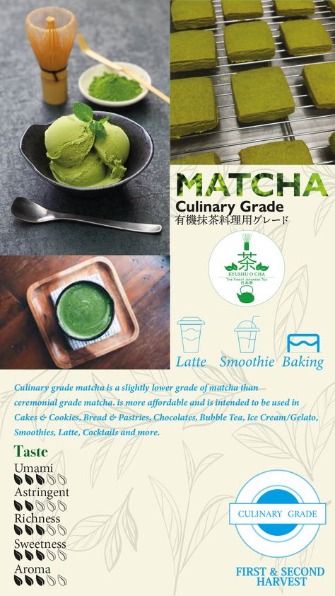 Organic Matcha Powder Culinary Grade 有機抹茶料理用グレード Our organic culinary grade matcha made is from a special blend of first and second harvest tea leaves, which may result in a boost of natural green colour. Culinary grade matcha's stronger, more robust flavour profile makes it well-suited for cooking and blending into various recipes like sauces, baking, chocolates, bubble tea, ice cream, drinks and more. Its intense taste can add a distinct green tea flavour to these culinary creations. Matcha Green Tea Powder Recipes, Traditional Matcha Tea, Matcha Traditional, Ceremonial Grade Matcha, Green Tea Japanese, Matcha Tea Powder, Organic Matcha, Tea Latte, Matcha Powder