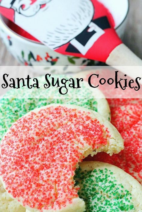 Delicious and fool-proof sugar cookie recipe, handed down from my Grandma. Sprinkled with red and green sanding sugar, they are the ultimate cookies for Santa. #sugarcookies #christmascookies Santa Sugar Cookies, Santa Cookie Recipe, Cookies With Sprinkles, Christmas Sugar Cookie Recipe, Sugar Cookies With Sprinkles, Sanding Sugar, Snickerdoodle Recipe, Ultimate Cookies, Cookies For Santa