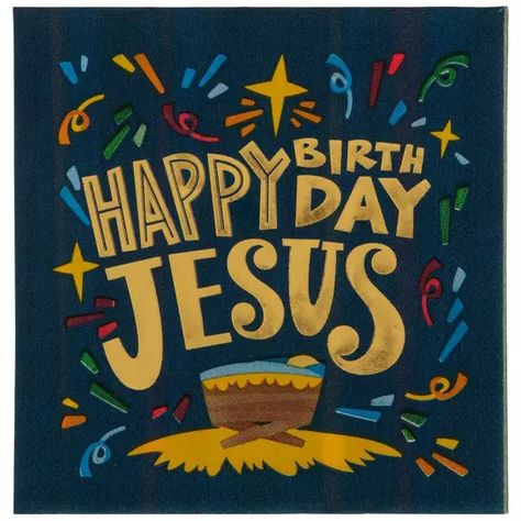 Happy Birthday Joanne, Jesus Birthday Party, Jesus In A Manger, Christmas Paper Plates, Gold Font, Jesus Birthday, Happy Birthday Jesus, Christmas Party Supplies, Navy Background