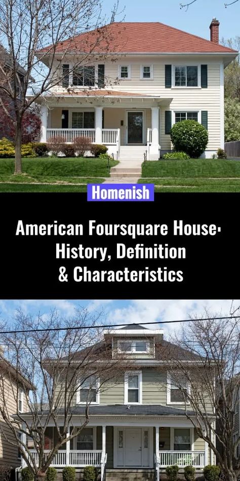 Also known as the Prairie Box, the American foursquare is considered to be a true American style home. Economical, resource-efficient, and practical, foursquare homes can be seen in almost every US state as well as throughout Canada. It can safely be said that foursquares are the most common and popular house styles in America, providing comfortable housing for growing middle-class families. Four Square Homes Interior Layout, Middle Class Homes, American Foursquare House, American Four Square House, Square Houses, American Style Home, Foursquare House, American Style Homes, American Style House