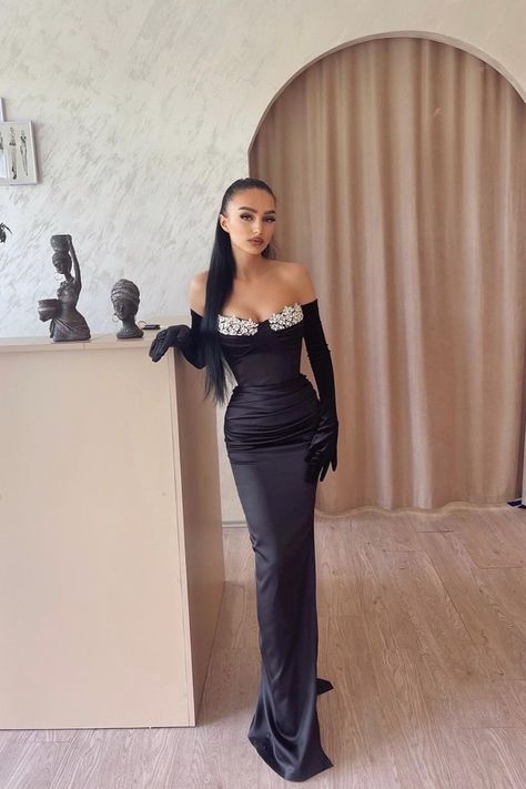 Black Prom Dress With Gloves, Prom Dress With Gloves, Off Shoulder Mermaid Dress, Dress With Gloves, Gloves Long, Black Prom Dress, Black Prom, Evening Dress Fashion, Black Evening Dresses