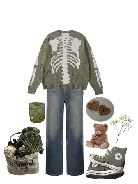 Green Skeleton Sweater, Skeleton Sweater Outfit, Sage Green Sweater Outfit, Green Grunge Outfit, Gilmore Sweater, Green Sweater Outfit, Gilmore Style, Sage Green Sweater, Green Skeleton