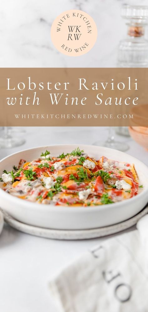 Lobster Ravioli with Cheesy Mushroom Sauce - 30 Minute Dinner for 2 Romantic Ravioli Dinner, Boursin Ravioli Sauce, Lobster Ravioli White Wine Sauce, What To Make With Lobster Ravioli, Lobster Ravioli Dinner Ideas, Best Sauce For Lobster Ravioli, Lobster Dinner Ideas, Lobster Ravioli Sauce Recipe, Seafood Ravioli