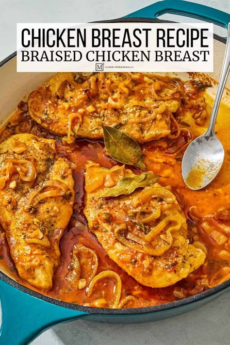 Braised chicken breast with white wine, shallot, and sage. An easy chicken breast recipe that's juicy, flavorful, and weeknight-friendly! Beets And Chicken Recipe, How To Braise Chicken, Roasted Split Chicken Breast, Braised Chicken With Mushrooms, Chicken Braised In Red Wine, Italian Baked Chicken Breast, Braised Chicken Breast, Chicken Rice Recipes, Veal Recipes