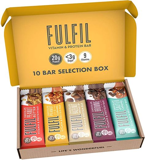 FULFIL Vitamin and Protein Bar (10 x 55g Bars) — 10 Bar Selection Box — 20g High Protein, 9 Vitamins, Low Sugar : Amazon.co.uk: Health & Personal Care Top Protein Foods, Protein Bar Brands, Healthy Protein Bars, Best Protein Bars, Pr Kit, Packaging Snack, High Protein Bars, Healthy Bars, Health Bar