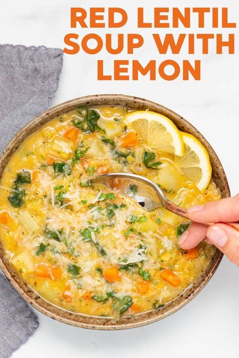 Lentil Soup With Lemon, Soup With Lemon, Lemon Soup, Red Lentil Soup, Vegan Soup Recipes, Vegan Soups, Lentil Recipes, Vegetarian Soup, Red Lentil