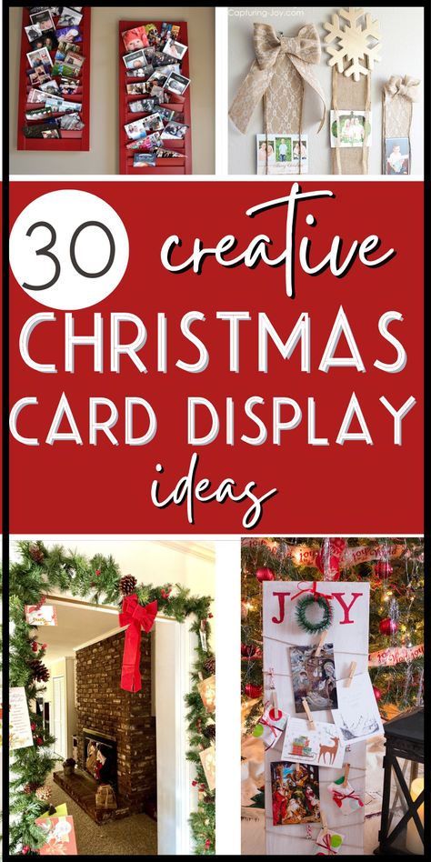 Do your Christmas cards pile up on the counter and you need a creative way to display them? Here are 30 super-cute DIY ways to display all those Christmas cards you receive! Lots of these Christmas card holders are in rustic farmhouse style, and displaying them also can double as beautiful Christmas decor! Christmas Card Decor Display Ideas, Xmas Card Display Ideas, Creative Ways To Display Christmas Cards, Christmas Card Wreath Diy, Display Holiday Cards, Ideas To Display Christmas Cards, Vintage Christmas Card Display, Christmas Card Decor Ideas, How To Hang Christmas Cards