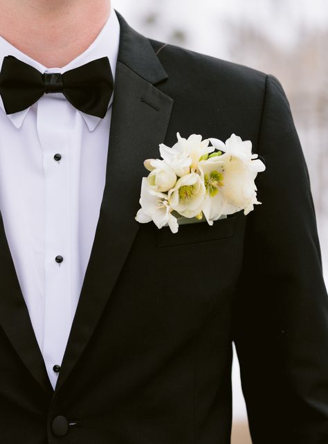 Groom Boutonniere White Peony, Pocket Flowers Groom, White Pocket Boutonniere, Wearable Florals, White Hellebore, Wedding Groom Boutonniere, Summer Arrangements, Pocket Boutonniere, Pocket Flowers