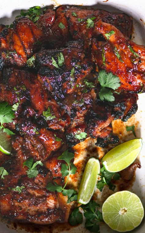 Sticky Cilantro-Lime Chicken Thighs - The Stush Kitchen Chicken Thigh Grill Recipe, Cilantro Lime Chicken Thighs, Sticky Chicken Thighs, Soy Sauce Glaze, Lime Chicken Thighs, Bbq Chicken Thighs, Recipes By Ingredients, Grilled Chicken Thighs, Cilantro Lime Chicken