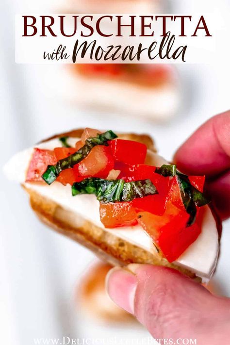 Bruschetta with Mozzarella Cheese is a quick, easy, and delicious Italian appetizer. All you need is 6 ingredients and about 15 minutes to make this fresh, classic recipe. | #bruschetta #italianfood #appetizer #snack Bruschetta With Mozzarella, Italian Appetizer, Slow Cooker Meatballs, Savory Salads, Best Appetizer Recipes, Finger Foods Easy, Italian Appetizers, Hummus Recipe, Starters Recipes