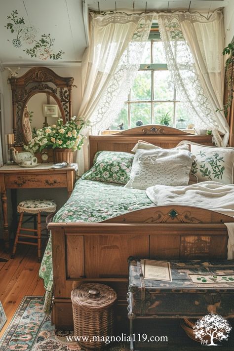 Blend rustic charm with elegance in your cottagecore bedroom. Choose earthy tones, vintage furniture, and floral accents. Soft lace curtains, a chandelier, and antique decor pieces will make your room both stylish and serene. Visit our website for 20 additional ideas! Click now! Vintage Cottagecore Bedroom Ideas, Vintage Bed Ideas, Vintage Furniture Bedroom, Vintage Cottagecore Bedroom, Hobbit Bedroom, Grandmacore Bedroom, Bedroom Ideas Cottagecore, Grandma Bedroom, Cottagecore Furniture