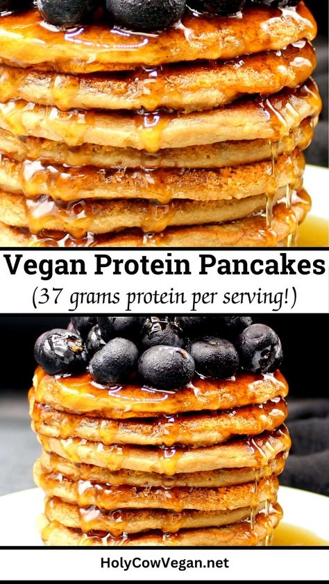 These fluffy, cinnamon-kissed vegan protein pancakes are loaded with 37 grams of protein per serving. Top with fruit and a drizzle of maple syrup for a delicious breakfast that will keep you full for hours! High Protein Vegan Pancakes, Vegan Apple Pancakes, High Vegan Protein Breakfast, Easy Vegan Pancakes, Vegan Protein Breakfast, Vegan Crepes Recipe, Oatmeal Protein Pancakes, Vegan Pumpkin Pancakes, Vegan Protein Pancakes