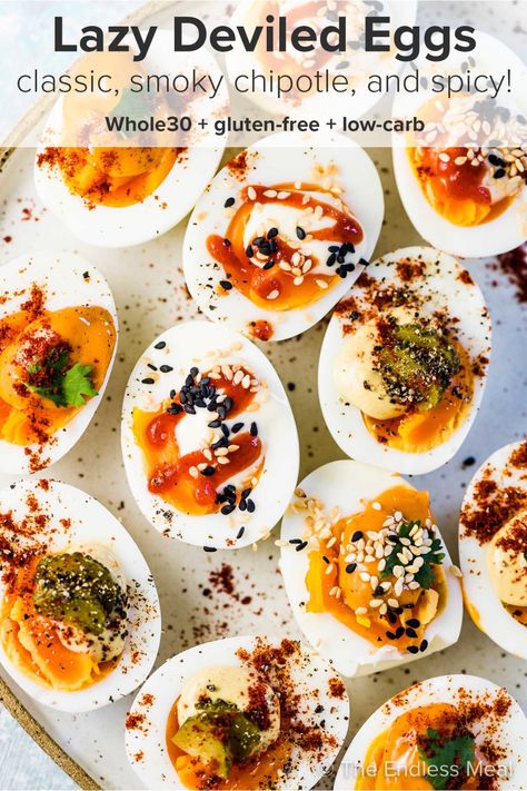 Lazy Deviled Eggs - an easy deviled eggs recipe that is perfect for a quick and healthy snack. Jammy hard-boiled eggs are topped with our favorite deviled eggs ingredients. They are ready to eat in 10 minutes and pack well for lunches on the go! Easy Deviled Eggs Recipe, Easy Deviled Eggs, Spicy Deviled Eggs, Deviled Eggs Recipe Easy, Deviled Eggs Recipe Classic, Deviled Eggs Easy, Bacon Deviled Eggs, Deviled Eggs Classic, Deviled Eggs Recipe