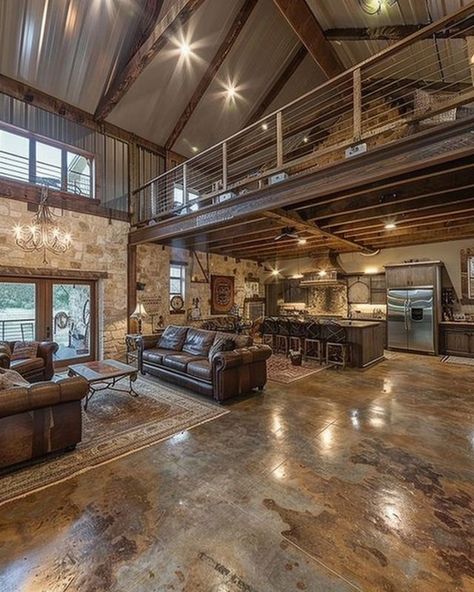 Instagram Barndominium Interior Open Floor Rustic, Barndominium Must Haves, Huge Barndominium, Barndominium Bedroom, Barndominium Interior Open Floor, Inside Barndominium, Barndominium Ideas Interiors Rustic, Farm Style House, Barndominium Interior