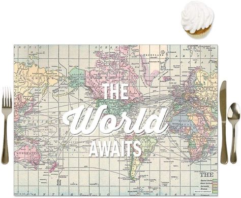 Amazon.com: Big Dot of Happiness World Awaits - Party Table Decorations - Travel Themed Party Placemats - Set of 16 : Home & Kitchen Paper Table Runner, Travel Party Theme, Paper Placemats, Paper Table, Easy Parties, Graduation Theme, Party Table Decorations, Travel Party, Retirement Parties