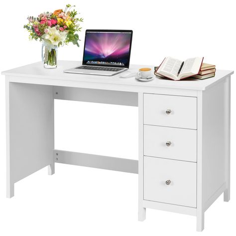 PRICES MAY VARY. 【Spacious Tabletop】With a tabletop of 48’’ x 20’’(W x D), this computer desk is sufficient to accommodate your laptop, books, files and some other stuff for daily work or study. You do not need to pile things on one another and it would help improve your work efficiency. 【3 Storage Drawers】This work desk with 3 drawers offer you plenty enclosed storage space. There are 2 medium drawers on the upper and 1 large drawer at the bottom to meet your different storage needs. And the ro Study Computer, Study Writing, Desk Study, Desk Home Office, Desks For Small Spaces, Home Office Study, Modern Office Desk, White Desk, Student Desks