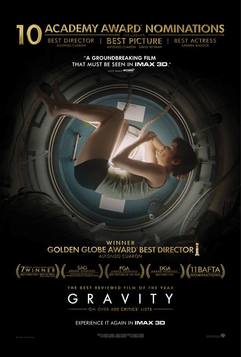 Critical Acclaim IMAX Gravity poster Gravity Movie, Sandra Bullock Movies, Science Fiction Movies, Septième Art, I Love Cinema, Best Director, Science Fiction Film, Cinema Posters, Harry Potter Film