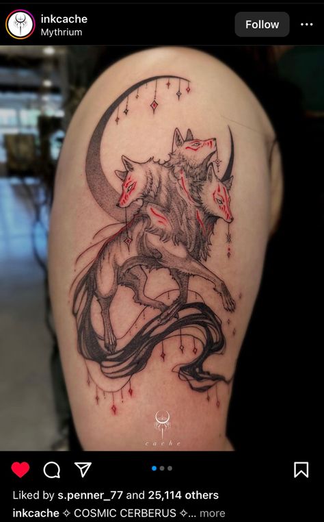 @ inkcache Cerberus Tattoo Simple, Red Black Tattoo, Cerberus Tattoo, Cool Tattoo Drawings, Black Tattoo, Matching Tattoo, Tattoo Cover-up, Head Tattoos, Wolf Tattoo