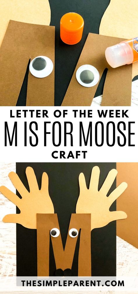 Celebrate the letter M with this cute and easy to make alphabet craft! M is for Moose! Learn more about books to read and snacks to make to go along with this kids craft! #craftsforkids #letteroftheweek #alphabet #kindergarten #preschool Preschool M Activities, M Is For Moose Craft, M Art Preschool, Letter M Lesson Plans Preschool, Preschool M Crafts, M Letter Craft, Preschool Letter M Crafts, Moose Activities Preschool, Preschool Letter M Activities