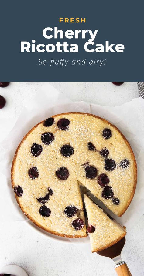 This Cherry Ricotta Cake recipe brings together fresh bing cherries and whole milk ricotta for the fluffiest cake ever. Dessert never looked so delicious! Cherry Ricotta, Ricotta Cake Recipes, Cherry Recipes Dessert, Lemon Ricotta Cake, Ricotta Cheese Recipes, Main Entrees, Sweet Breakfast Treats, Bing Cherries, Ricotta Recipes