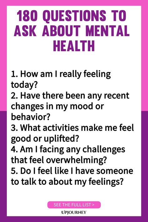 Explore our comprehensive list of 180 thought-provoking questions to help start meaningful conversations about mental health. Whether you're looking to gain insight, offer support, or simply educate yourself, these questions can serve as a valuable resource. Use them in therapy sessions, support groups, or personal reflections to deepen your understanding and promote mental well-being. Start exploring the important topic of mental health today with these curated questions. Check In Questions For Mental Health, Mental Health Questions, Psychology Terms, Mental Health Stigma, Health Fitness Nutrition, Educate Yourself, Health Questions, Support Groups, Life Questions