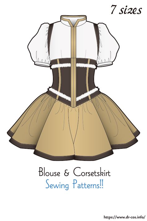 This is the pattern of Puff Sleeve Blouse & Corset Skirt. cm size(A4 size) Children's-140/Ladies'-S,M,L,LL/Men's-L,LL At present, only Japanese. Added the number of fabric meters required for each size Drcos Patterns, Skirt Sewing Patterns, Blouse Corset, Puff Sleeve Pattern, Free Cosplay, Skirt Pattern Free, Steampunk Skirt, Japanese Sewing Patterns, Sewing Blouses