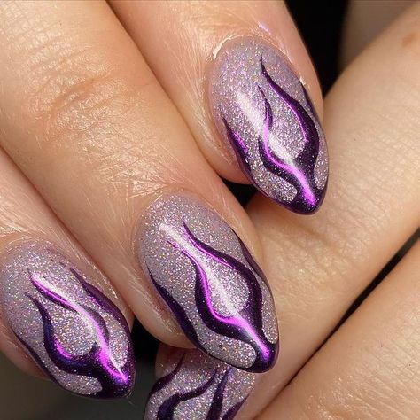 Purple Flame Nail Art, Purple Flame Nails, Glitter Flame Nails, Chrome Flame Nails, Red And Purple Nails, Crazy Nail Art Designs, Flames Nail Art, Purple Nail Art Ideas, Chrome Nail Design