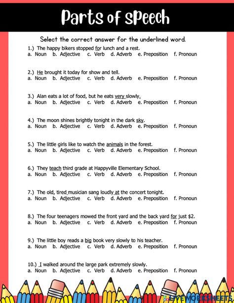 Parts Of Speech Test, Parts Of Speech Exercises, English Exam Papers, Parts Of Speech Sentences, Parts Of Speech Games, Parts Of Speech Practice, Eight Parts Of Speech, Parts Of Speech Activities, Study English Language