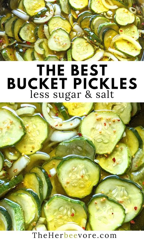 these tasty pail pickles will be your new go-to way to pickle!  Start by mixing a simple brine in a bucket (or pail or bowl), add your vegetables, stir, and refrigerate. 

You’ll have sweet, crisp pickles in 12-24 hours, full of flavor and with an amazing crunch. I made these with cucumbers and onions, but you can throw in any other veggies you have! Bell peppers, garlic, and cauliflower would all be great additions. These quick pickles are ready in about a day, and taste healthy Bucket Pickles Recipes, Low Sodium Pickles Recipe, Pail Pickles, Bucket Pickles, Bread And Butter Pickles Recipe, Freezer Pickles, Low Sodium Bread, Pickling Cucumbers Recipe, Pickled Recipes