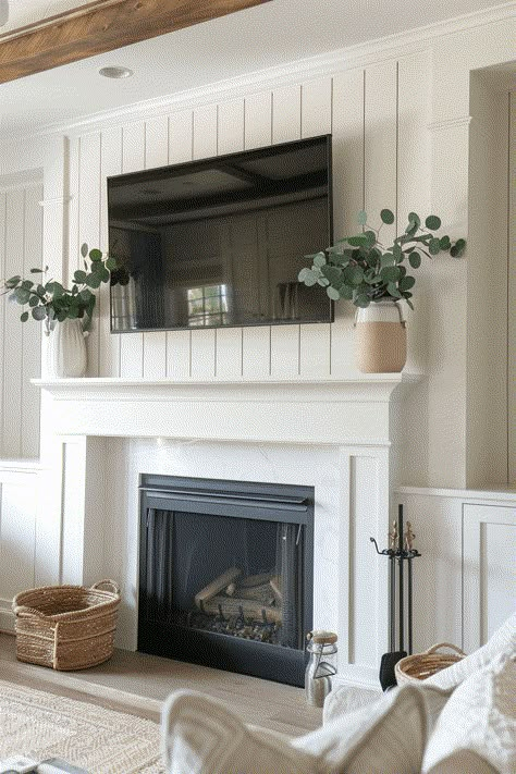 white fireplace with shiplap behind the TV over the mantel White Fireplace With Shiplap, Vented Gas Fireplace Ideas, Fireplace Renovation Ideas, Paneling Above Fireplace, Modern Cottage Fireplace, Tv On Top Of Fireplace, Fireplace Wall Bedroom, Tv Beside Fireplace Ideas, Gas Fireplace Ideas With Tv Above