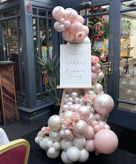 Classy Balloon Garland, Balloon Garlands With Flowers, Orchid Balloon Garland, Luxury Balloon Decor, Welcome Sign Balloon Garland, Wedding Welcome Sign Balloons, Balloon Easel Display, Easel Balloon Garland, Balloons Around Welcome Sign