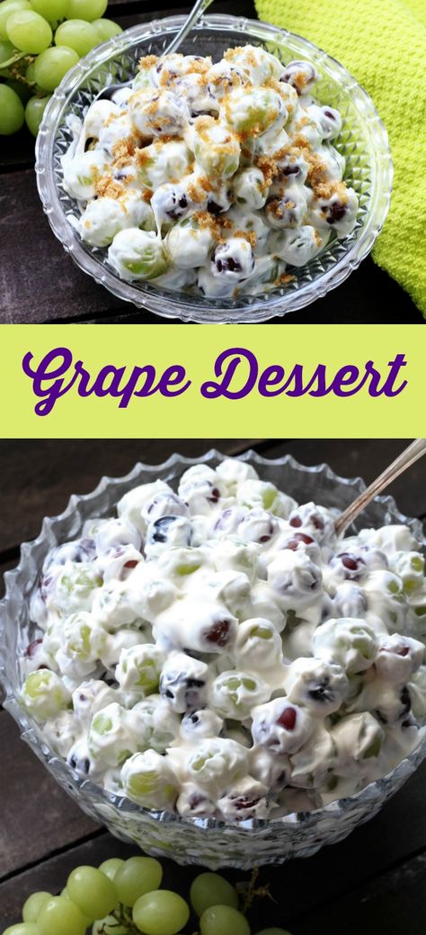 Grape Dessert is a new recipe to me. I promise you that after you taste it, they will be impressed.  It is so simple to make and Oh Sooo Good!  I think that one of the secrets of this Grape Dessert recipe is to make sure to let the brown sugar seep down through the grape mixture overnight. It creates somewhat of a caramel and gives this recipe an exquisite taste. The dish is good if you eat it immediately, but not as good as if you wait!  You could serve this as a salad or a dessert! Purple Grapes Recipes, Grape Dessert Recipes, Grape Appetizers, Creamy Grape Salad, Candied Grapes Recipe, Grape Dessert, Sweet Salad, Grape Salad Recipe, Apple Salad Recipes