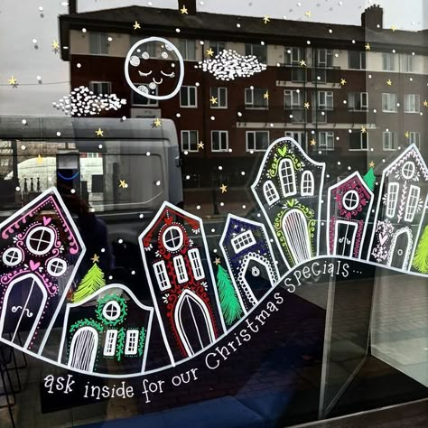 Christmas Window Art, Window Drawings, Window Paintings, Xmas Window, Window Mural, Christmas Window Painting, Window Drawing, Gingerbread Village, Christmas Window Display